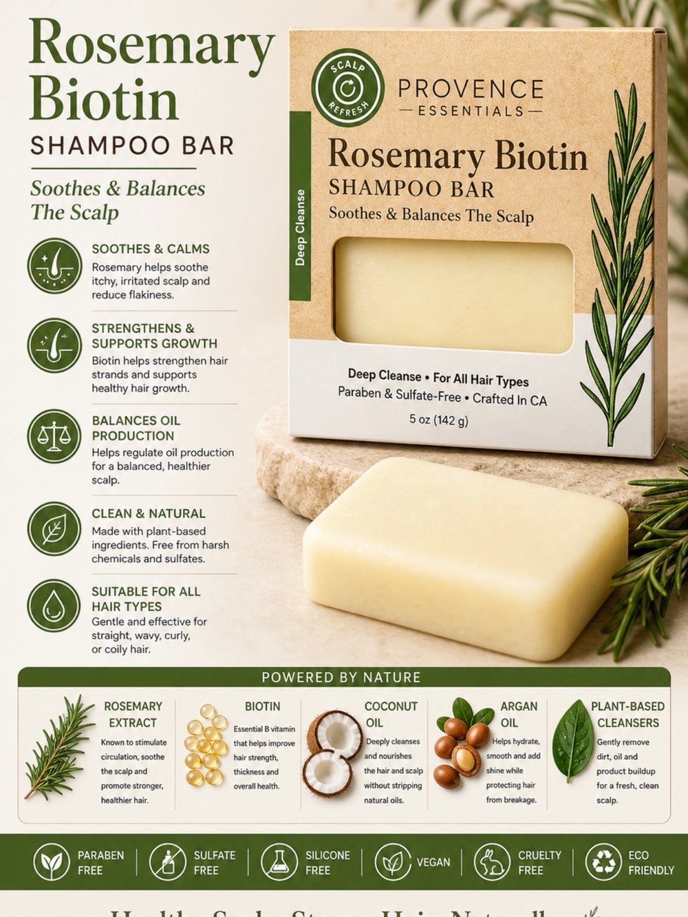 Rosemary Biotin Shampoo Bar - Cream